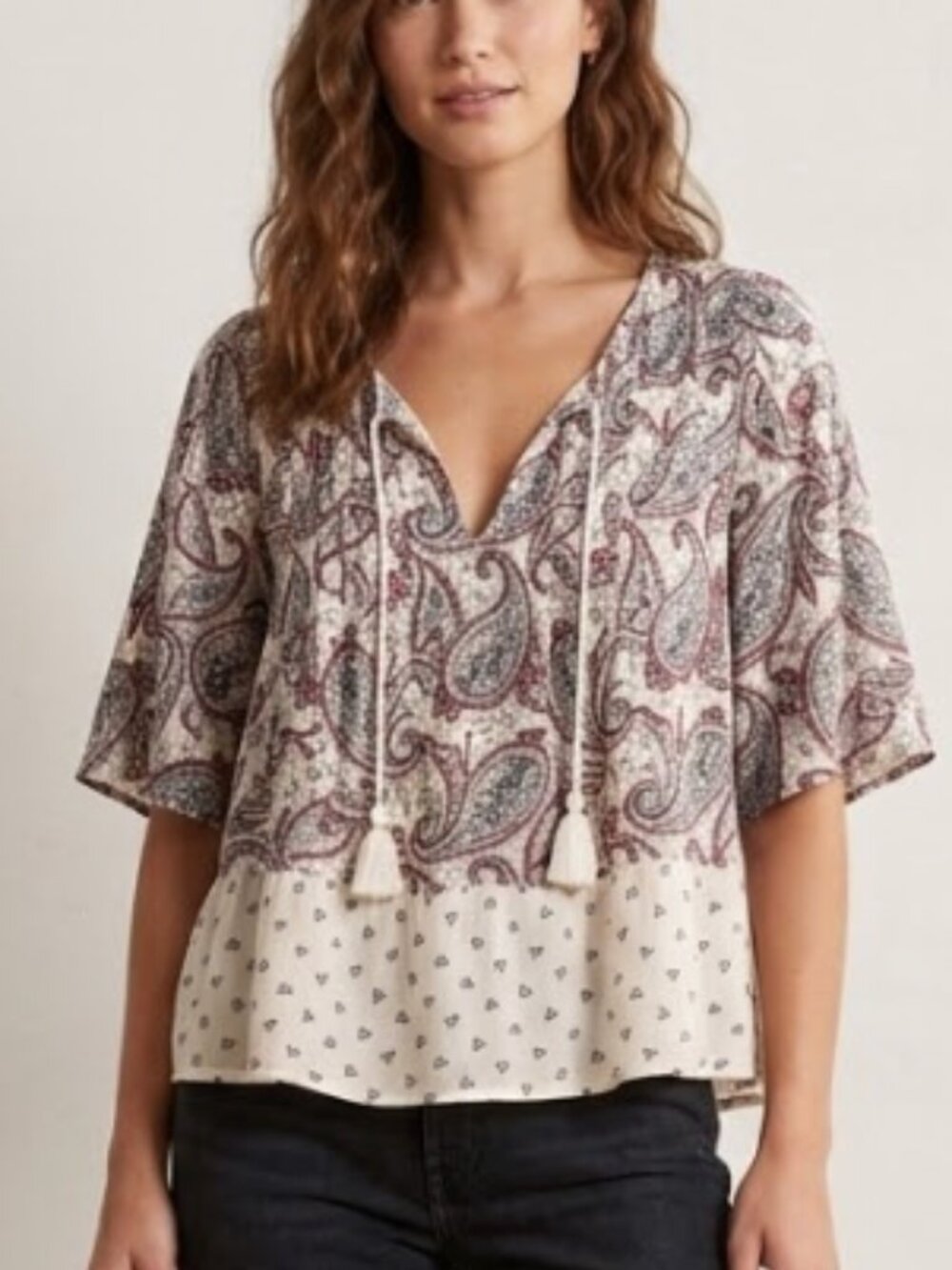 NWT Abercrombie & Fitch | Crop Peasant Paisley Boho Tassel Blouse Top | XS
